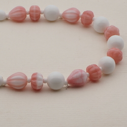 Vintage Czech necklace white pink marble glass beads 16"