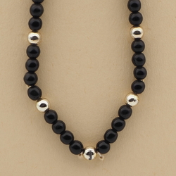 Vintage Czech necklace element black gold glass beads 15"
