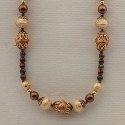 Vintage Czech necklace beige brown marble glass beads 19"