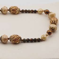 Vintage Czech necklace beige brown marble glass beads 19"