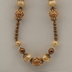 Vintage Czech necklace beige brown marble bronze glass beads 18"