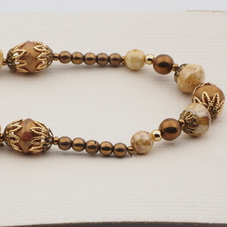 Vintage Czech necklace beige brown marble bronze glass beads 18"