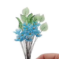 Lot (24) Czech lampwork glass green leaf blue opaline flower headpin glass beads