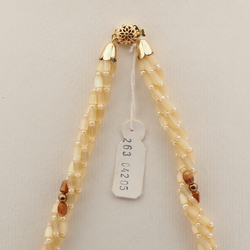 Vintage Czech 4 strand necklace beige satin atlas caramel marble glass beads 