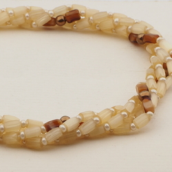 Vintage Czech 4 strand necklace beige satin atlas caramel marble glass beads 