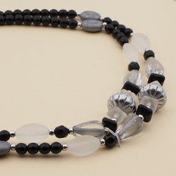 Vintage Czech necklace black frost silvered glass beads 28"