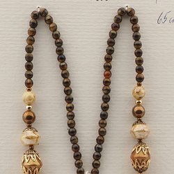 Vintage Czech necklace beige brown marble bronze glass beads 25"