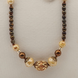 Vintage Czech necklace beige brown marble bronze glass beads 25"