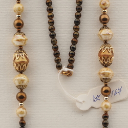 Vintage Czech necklace beige brown marble bronze glass beads 25"