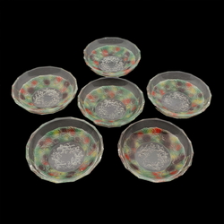 Rare intaglio rose floral and cherub glass mini bowl set designed by Adolf Beckert for Heinrich Hoffmann 1927