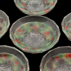 Rare intaglio rose floral and cherub glass mini bowl set designed by Adolf Beckert for Heinrich Hoffmann 1927