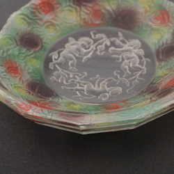 Rare intaglio rose floral and cherub glass mini bowl set designed by Adolf Beckert for Heinrich Hoffmann 1927