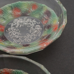 Rare intaglio rose floral and cherub glass mini bowl set designed by Adolf Beckert for Heinrich Hoffmann 1927