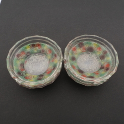 Rare intaglio rose floral and cherub glass mini bowl set designed by Adolf Beckert for Heinrich Hoffmann 1927