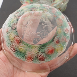 Rare intaglio rose floral cherub glass bowl set designed by Adolf Beckert for Heinrich Hoffmann 19