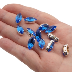 Sapphire Blue sew on silver plate Navettes 15 x 7 mm wholesale lot 144 pcs marquise faceted rhinestones Preciosa fancy stones