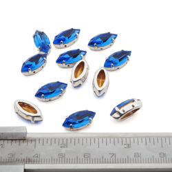 Sapphire Blue sew on silver plate Navettes 15 x 7 mm wholesale lot 144 pcs marquise faceted rhinestones Preciosa fancy stones