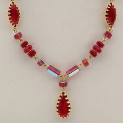 Vintage Czech wired necklace vitrail red glass beads rhinestone pendant findings