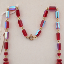 Vintage Czech wired necklace vitrail red glass beads rhinestone pendant findings