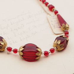 Czech vintage necklace red round oval square teardrop glass beads 
