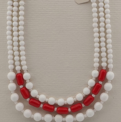 Vintage Czech 3 strand necklace white red glass beads 