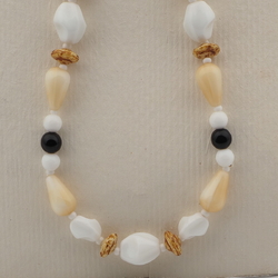 Vintage Czech necklace brown beige marble white glass beads 18"