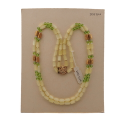 Vintage Czech 2 strand necklace yellow satin atlas green glass beads 