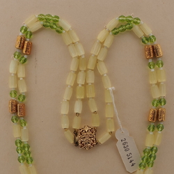Vintage Czech 2 strand necklace yellow satin atlas green glass beads 