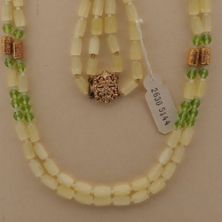 Vintage Czech 2 strand necklace yellow satin atlas green glass beads 
