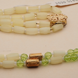 Vintage Czech 2 strand necklace yellow satin atlas green glass beads 