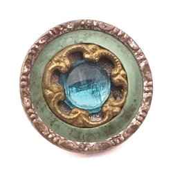 Vintage Czech brass mounted blue faceted glass rhinestone tinnie button 14mm