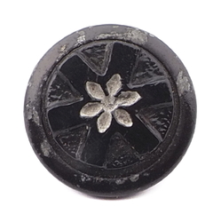 Vintage Czech 2 part metal mounted etched flower black star glass cabochon button 14mm