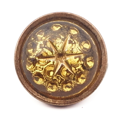 Vintage Czech 2 part brass mounted intaglio bumpy green glass cabochon gold etched star button 17mm