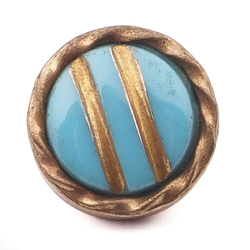 Vintage Czech 2 part brass mounted gold gilt blue glass cabochon button 14mm 