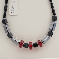 Vintage Czech necklace black silver lustre red glass beads