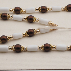 Vintage Czech necklace element glasses holder white brown glass beads 24"