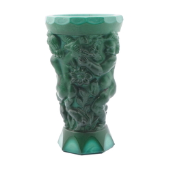 Vintage 1930's Czech Schlevogt Ingrid malachite green glass vase cherubs and birds