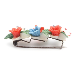 Vintage Art Deco flowers and leaves early celluloid hand painted pin brooch