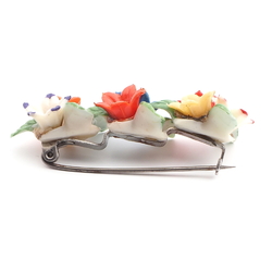 Vintage Bohemian early celluloid flowers and leaves pin brooch