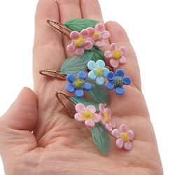 Lot (3) Czech lampwork blue and pink glass flower and leaf vase ornaments brooch elements