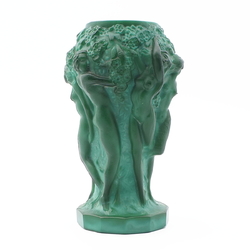 Vintage Czech Schlevogt Ingrid " Grape Harvest" nudes malachite green glass vase