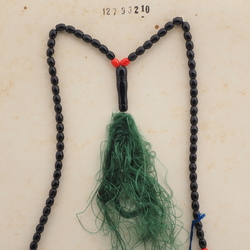 Vintage Czech 99 black red glass bead prayer bead strand green tassle