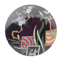 Antique Victorian floral cubist hand painted jet black glass jewelry element