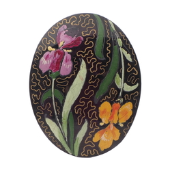Antique Victorian iris flower hand painted oval jet black glass jewelry element