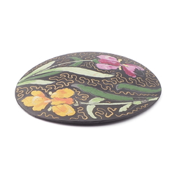 Antique Victorian iris flower hand painted oval jet black glass jewelry element