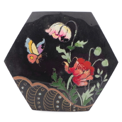 Antique Victorian poppy butterfly hand painted jet black glass hexagon jewelry element