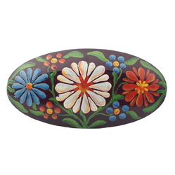 Victorian Czech Antique floral hand painted oval jet black glass jewelry element