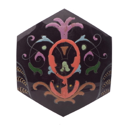 Antique Victorian floral scroll hand painted jet black glass hexagon jewelry element