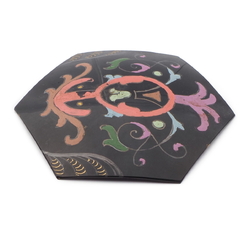 Antique Victorian floral scroll hand painted jet black glass hexagon jewelry element