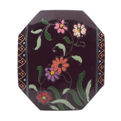 Antique Victorian floral gold gilt hand painted jet black glass octagon jewelry element